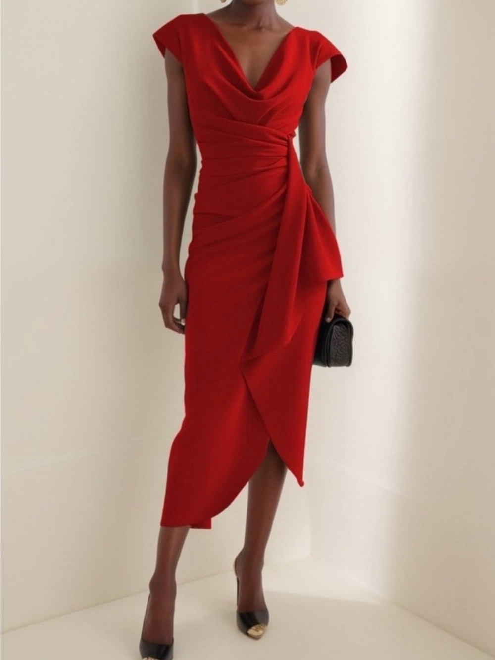 Elegant Red Draped Midi Dress